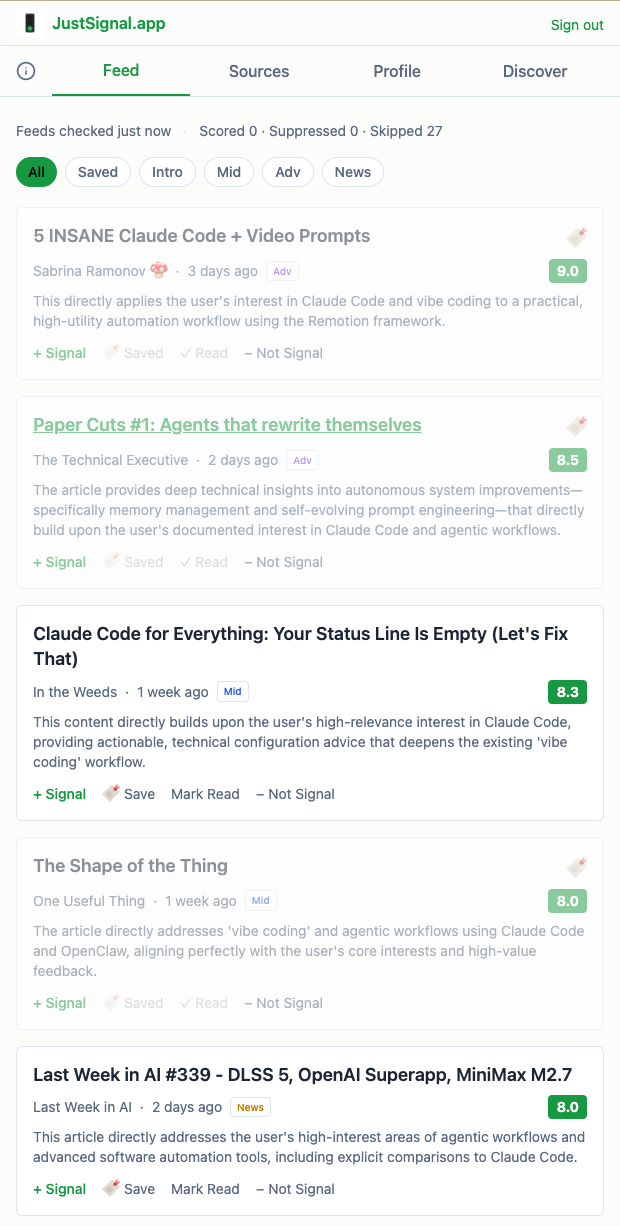 JustSignal article feed with relevance scores