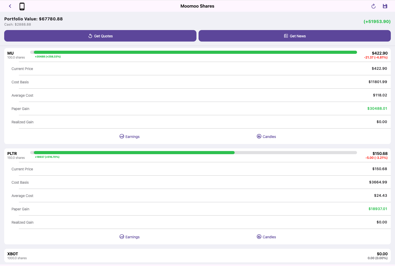 Portfolio positions tracking showing P&L, cost basis, and current prices